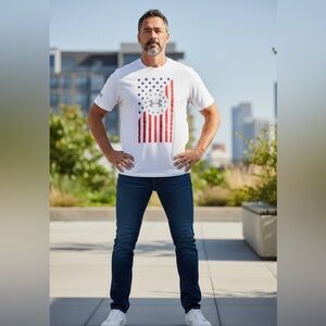 Under Armour White Tee with Red and Blue Flag Graphic